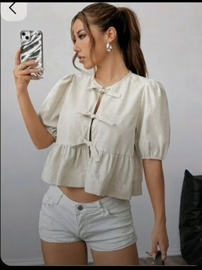 Cream Tie-Front Puff Sleeve Peplum Blouse